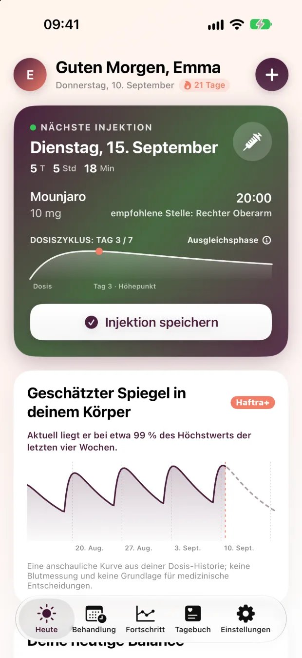 Haftra Heute-Bildschirm: Tag im Dosiszyklus, nächste Dosis und Tagesübersicht
