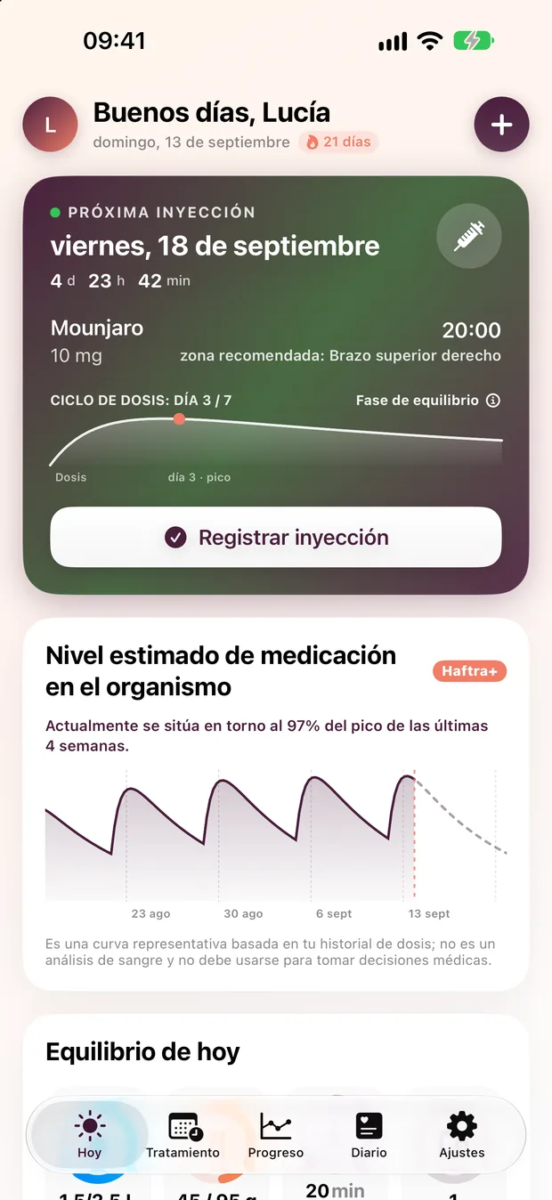Pantalla Hoy de Haftra: día del ciclo de dosis, próxima dosis y resumen del día