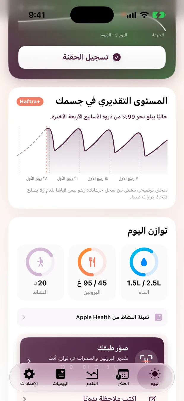 الشاشة الرئيسية في Haftra: بطاقة دورة الجرعة ومنحنى مستوى الدواء التقديري