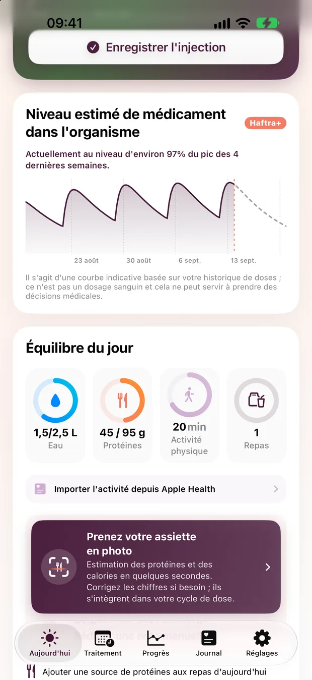 Écran d'accueil de Haftra : carte du cycle de dose et courbe estimée du niveau de médicament
