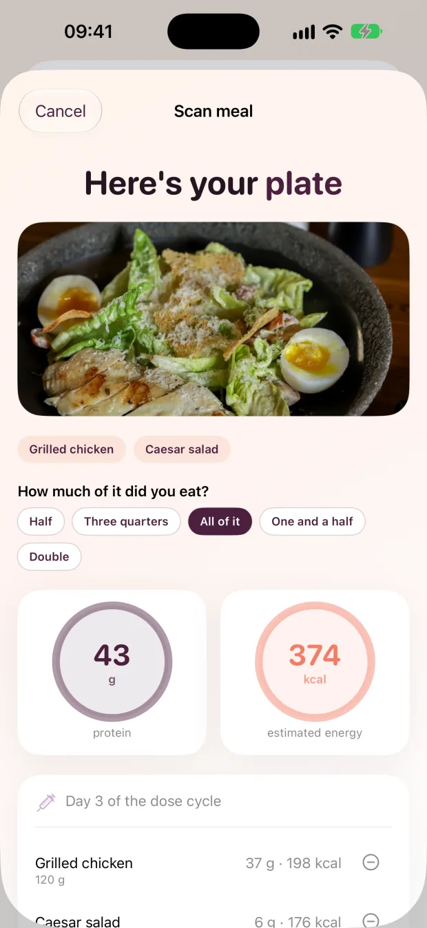 Haftra AI meal scan screen: 43 g protein and 374 kcal estimated for grilled chicken and Caesar salad