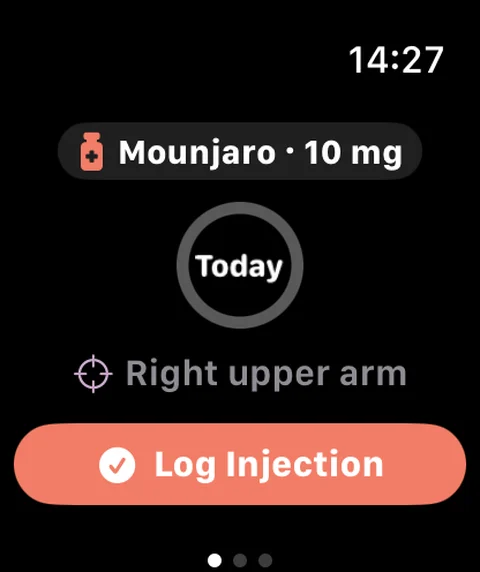 Next dose, suggested site and a log button on Apple Watch